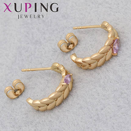 Серёжки Xuping Jewelry медицинское золото 18К гвоздики пуссеты колоски с розовыми камушками диаметр 14 мм, фото 1