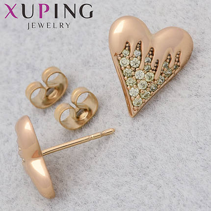 Серёжки Xuping Jewelry медицинское золото 18К гвоздики пуссеты сердечки с белыми кристаллами размер 14х11 мм, фото 1