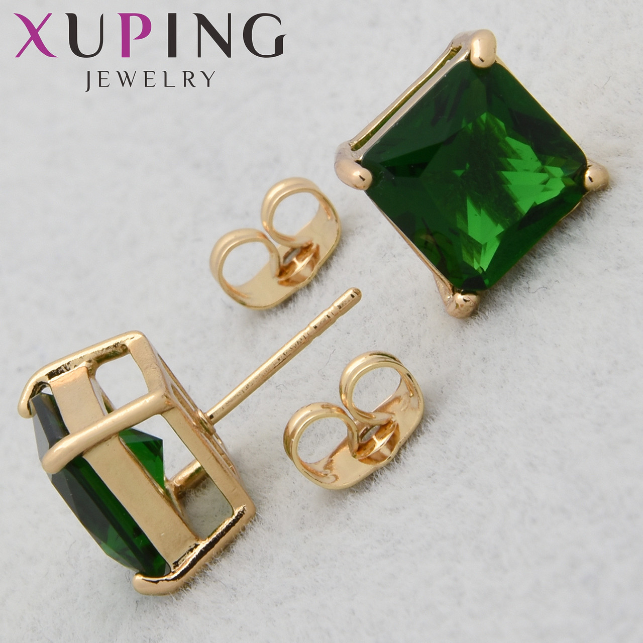 Серёжки Xuping Jewelry медицинское золото 18К гвоздики пуссеты с изумрудными камушками размер 10х10 мм