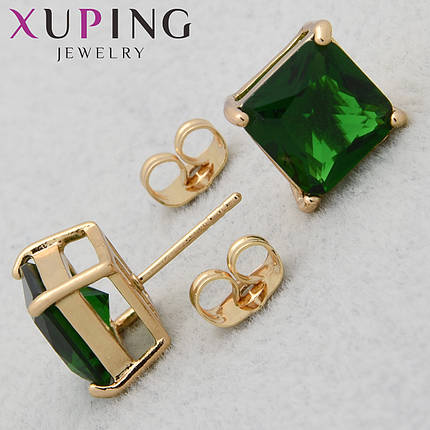 Серёжки Xuping Jewelry медицинское золото 18К гвоздики пуссеты с изумрудными камушками размер 10х10 мм, фото 1