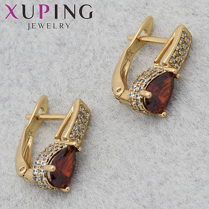 Серёжки Xuping Jewelry медицинское золото 18К английская застёжка с рубиновыми камушками размер 14х6 мм, фото 1