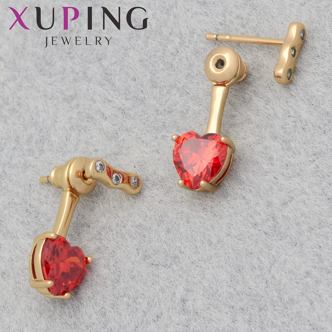 Серёжки Xuping Jewelry медицинское золото 18К гвоздики пуссеты сердечки с красными кристаллами размер 17х6 мм