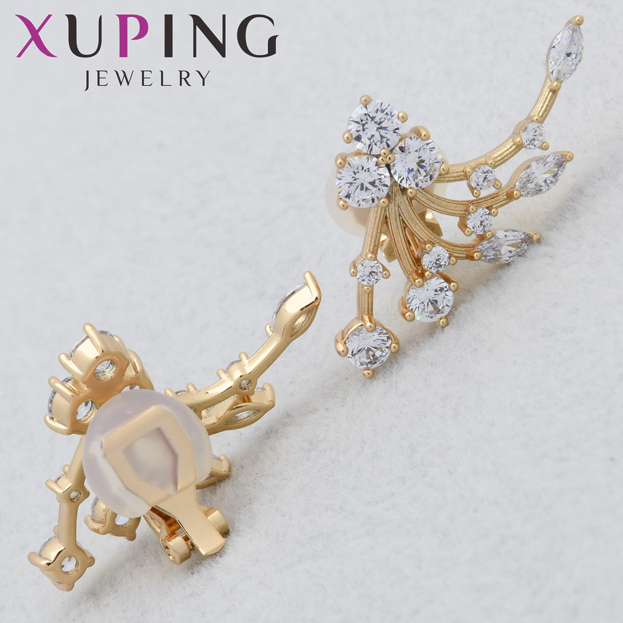 Сережки кліпси Xuping Jewelry медичне золото 18К гілочки з білими кришталевими стразами розмір 20х30 мм
