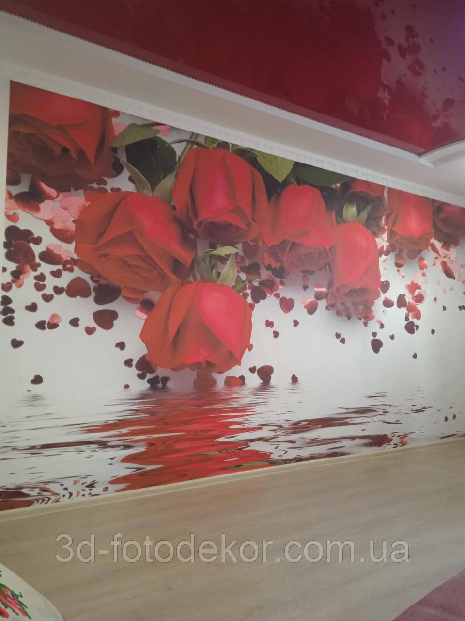 3D Фото шпалери "Троянди з сердечками над водою", висота - 2,85м, ширина - 4,30м, текстура жакард