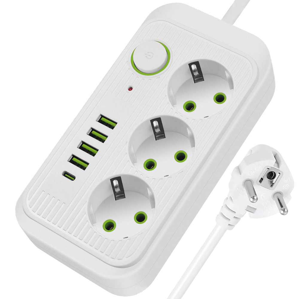 Мережевий фільтр 2500Вт, 2м, (3×220В+4×USB+1×Type-C) F09U, Білий / Подовжувач з USB / Переноска розетка з USB, фото 1