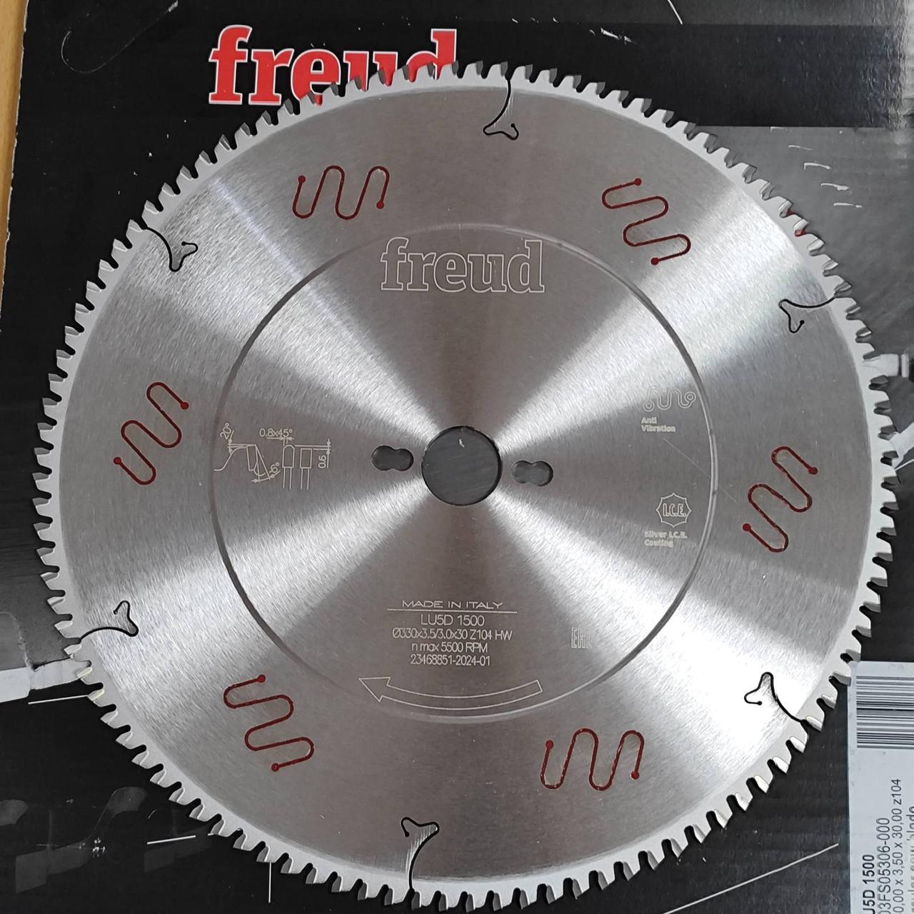 Freud LU5D 1500 Пила 330х3,5x3,0x30 z=104 кут -6 град. для пиляння профілів з алюмінію і ПВХ
