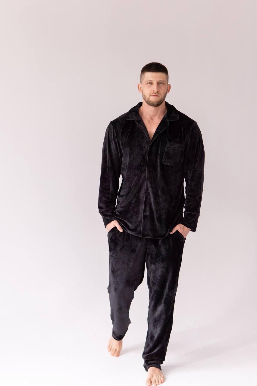 Чоловіча піжама "Пуговиця" стильний домашній костюм у піжамному стилі з велюрової тканини на коттоновій основі, фото 1