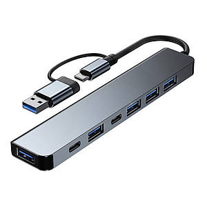 USB Хаб 7 в 1 Type-C/USB 3.0 to USB 3.0 + USB 2.0 * 4 + Type-C * 2 TRY PLUG сірий