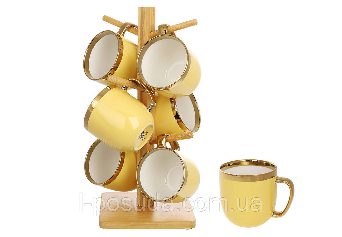 Набір кухлів з порцеляни із золотою облямівкою 6 шт*320 мл на стійці з бамбука яскраво-жовтого кольору, фото 1