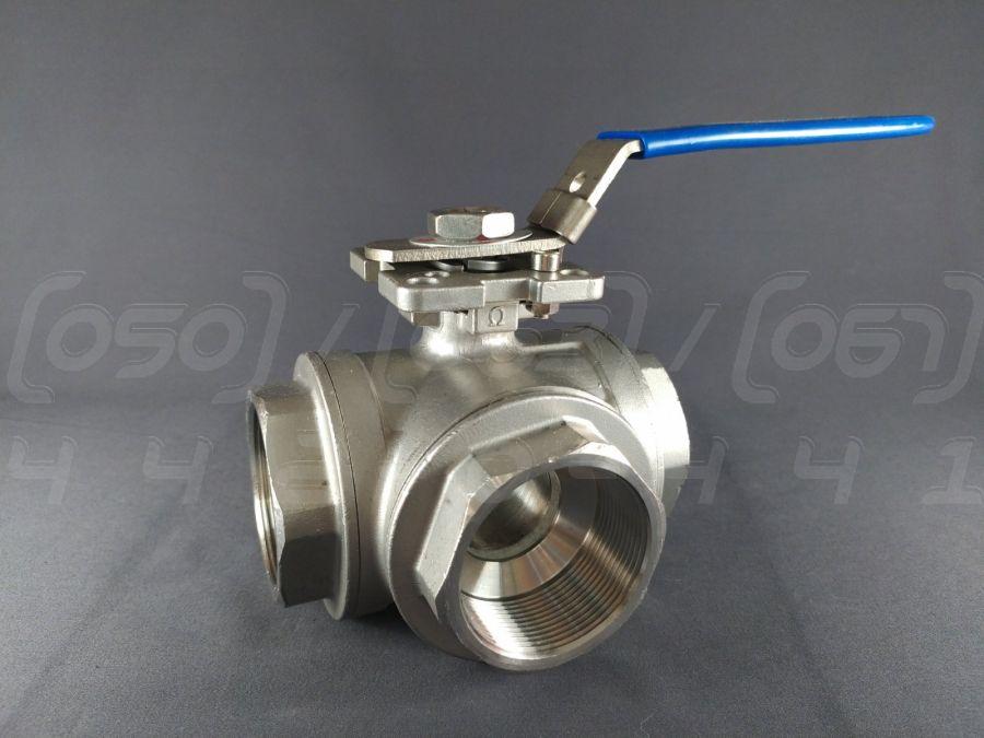 Кран кульовий триходовий муфтовий нержавіючий DN65 (2 1/2"), н/ж сталь AISI304, Ру63 (1000 PSI), Г-порт, майданчик під привід, BSP, фото 1