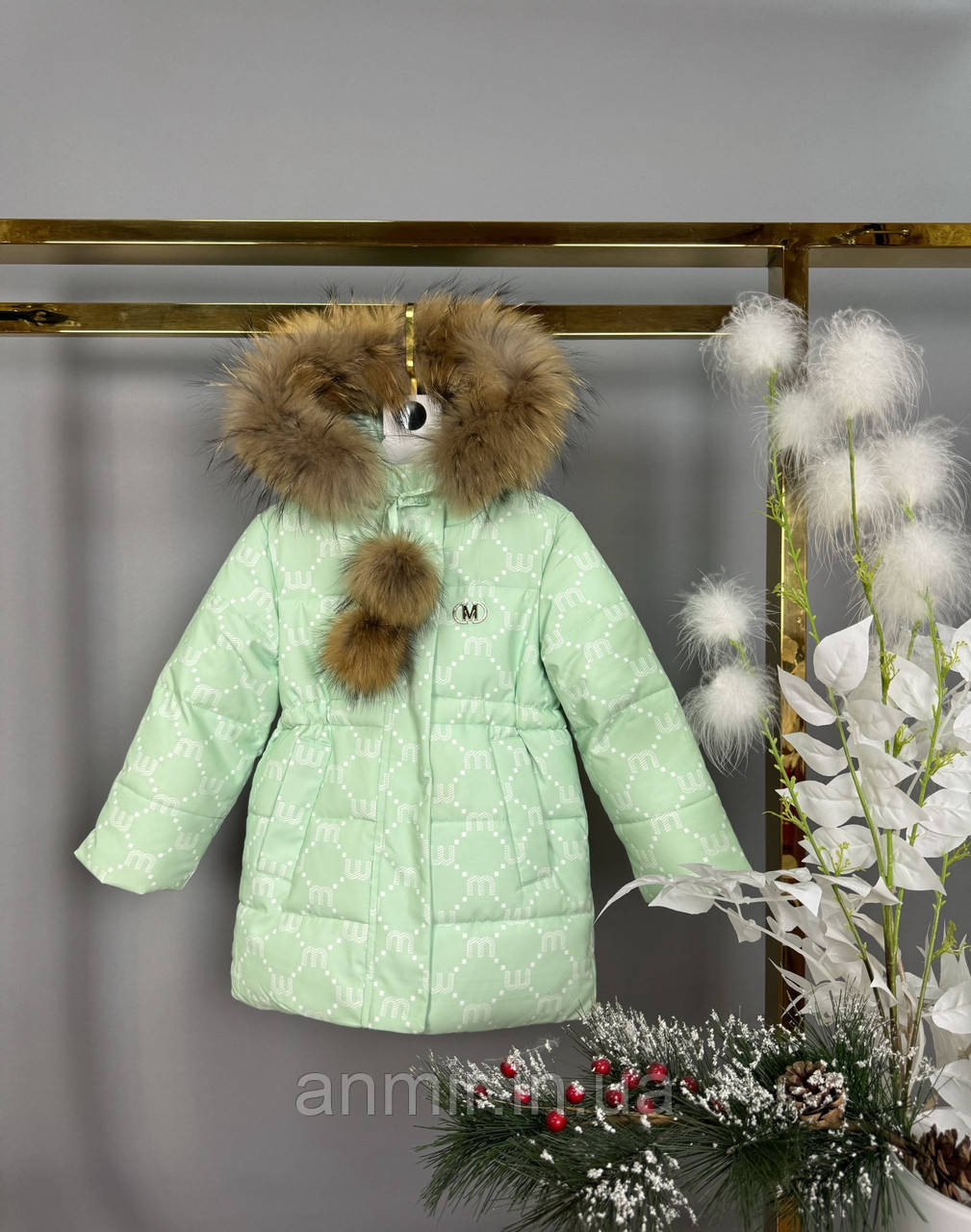 Куртка зимова стьобана з хутром дитяча всередині утяжка для дівчинки 2-6 років, колір м'ятний