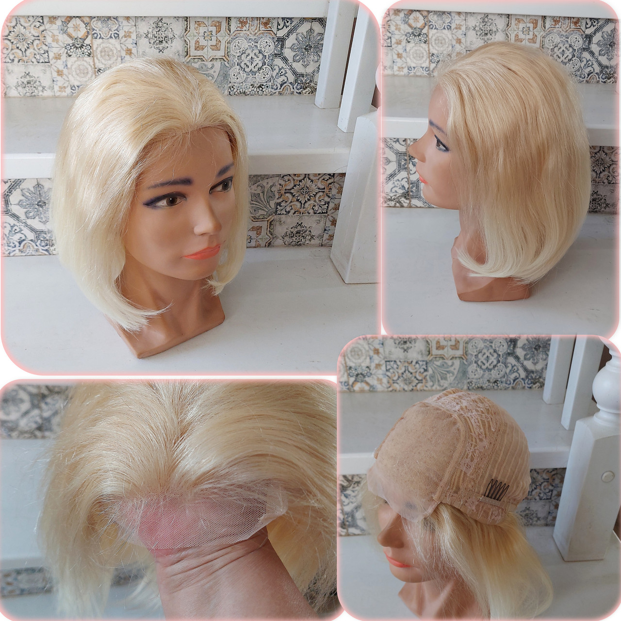 Перука подовжене каре з натурального волосся з моновставкою ручної роботи блонд IRIS 14"- 613, фото 1