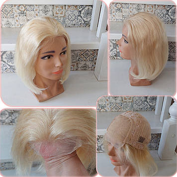 Перука подовжене каре з натурального волосся з моновставкою ручної роботи блонд IRIS 14"- 613