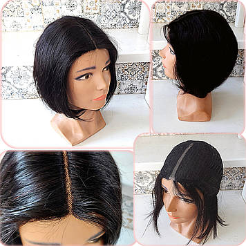 Перука з натурального волосся боб-каре з проділом чорна кава INESS bob 8"- 2