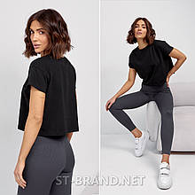 42-48. Жіноча укорочена футболка топ вільного крою оверсайз - базова чорна