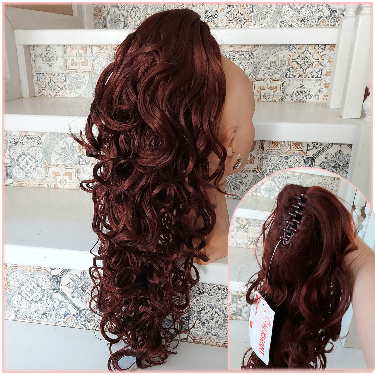 Хвіст шиньон кучерявий на крабі темно-мідний Т88+20 -131, фото 1