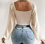 Жіночий топ у рубчик, блузка з рукавом, топ на затягуванні з рукавами в сітку синього кольору розмір L, фото 2