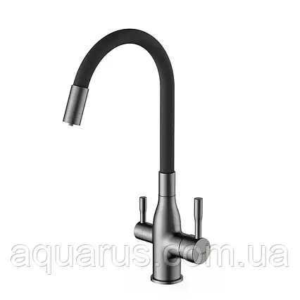 Змішувач для кухні під фільтр із гнучким виливом Frap F4396-15, збройова сталь/ сірий, фото 1