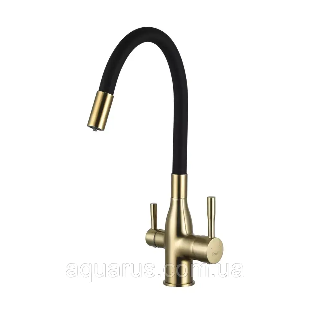 Змішувач для кухні під фільтр із гнучким виливом Frap F4396-3, сатин золотий/чорний