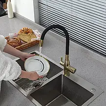 Змішувач для кухні під фільтр із гнучким виливом Frap F4396-3, сатин золотий/чорний, фото 2