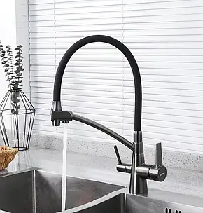 Змішувач для кухні на дві води GAPPO G4398-19 з гнучким виливом, збройова сталь, фото 2