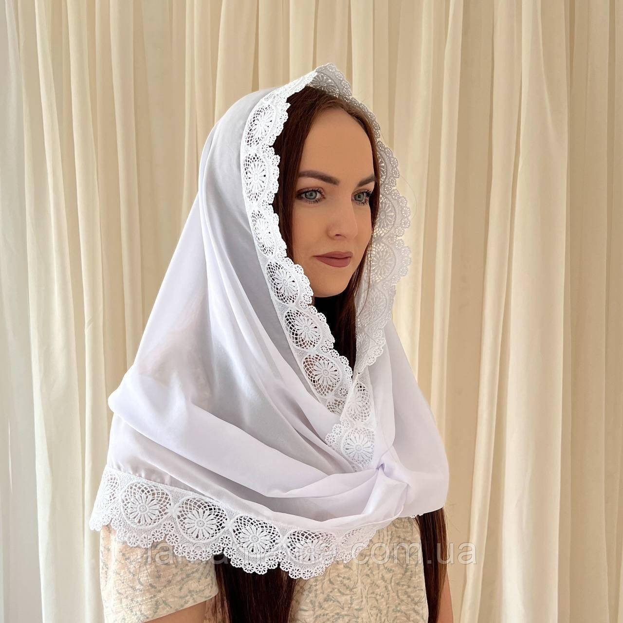 Хомут снуд на голову для відвідування церкви "Берегиня" для дорослих Шифон Білий Betis, фото 1