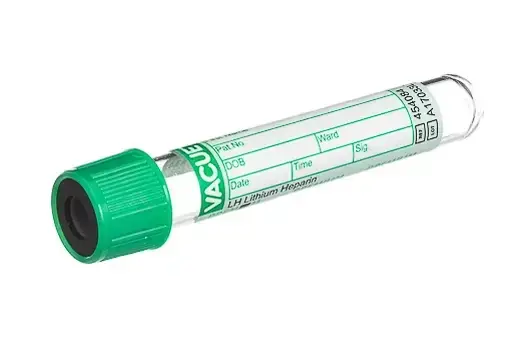 VACUETTE пробірка з LH Lithium Heparin 16x100, 9 мл, зелений ковпачок – чорне кільце, без гелю, фото 1