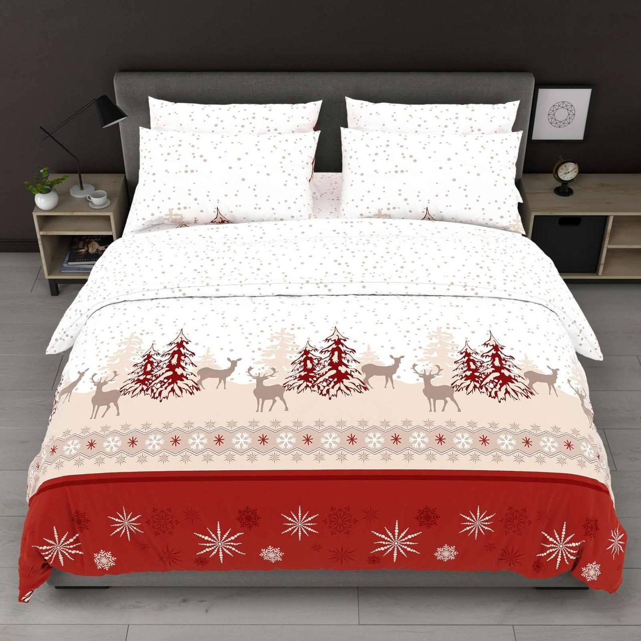 Простирадло 150х220 (Бязь) | Полуторне простирадло від виробника "Королева Ночі" | Олені та сніжинки з ялинками на червоному, фото 1
