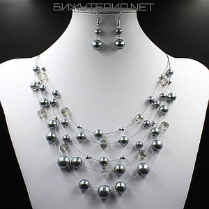 Комплект перлинний намисто та сережки жіночі довгі паради планет сірий колір 60х1,2х4,5 см