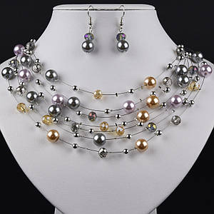 Комплект перлинний намисто та сережки жіночі довгі паради планет різнобарвного кольору 50х3,8х1 см