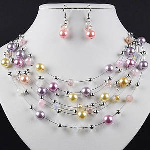 Комплект перлинний намисто та сережки жіночі довгі паради планет різнобарвного кольору 50х3,8х1 см