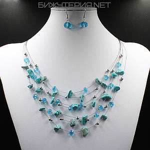 Комплект намистини та сережки жіночі кришталеві намистини зі штучного каменю блакитного кольору довжина 55х1,2 см