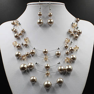 Комплект перлинний намисто та сережки жіночі довгі паради планет коричневий колір 50х5х1,2 см