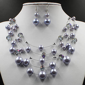 Комплект перлинний намисто та сережки жіночі довгі паради планет фіолетовий колір 50х5х1,2 см