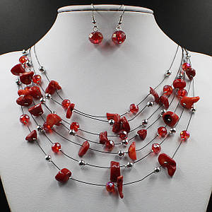 Комплект намистини та сережки жіночі довгі кришталеві та бурштинові намистини червоний колір довжина 55х1,2 см