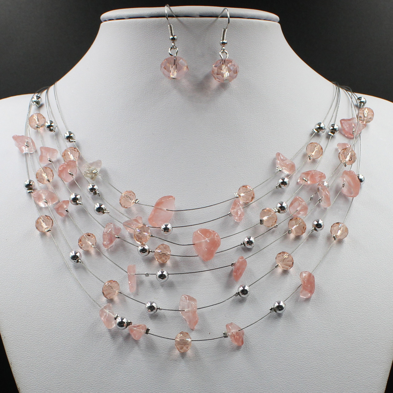 Комплект намистини та сережки жіночі довгі кришталеві та бурштинові намистини рожевий колір 55х1,2 см