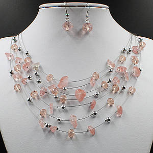 Комплект намистини та сережки жіночі довгі кришталеві та бурштинові намистини рожевий колір 55х1,2 см