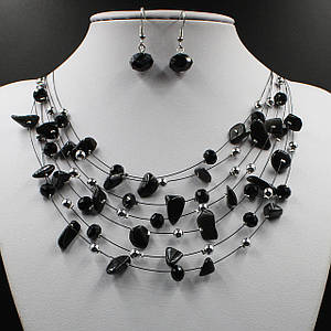 Комплект намистини та сережки жіночі довгі кришталеві та бурштинові намистини чорний колір 55х1,2 см