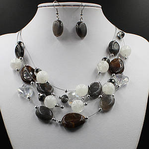 Комплект намистини та сережки жіночі довгі з каменю Авантюрин коричневий колір 55х1,5 см