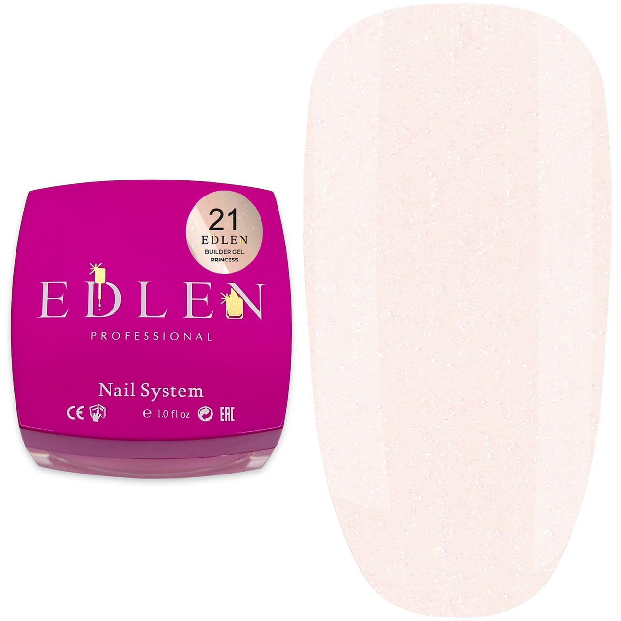 Гель для нарощування EDLEN Builder gel PRINCESS No21, 30 мл персиковий із шимером