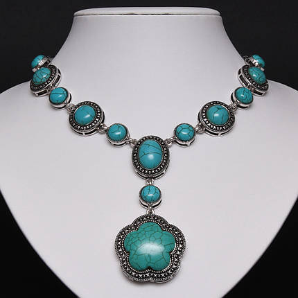 Кольє довге в стилі боххо кулон кліф зі сріблястими візерунками й елементами камінці з бірюзи довжина 65 см, фото 1