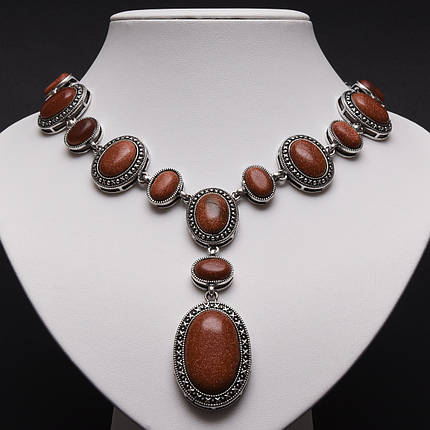 Кольє довге в стилі боххо кулон овальний зі сріблястими візерунками й елементами коричневий авантюрин довжина 65 см, фото 1