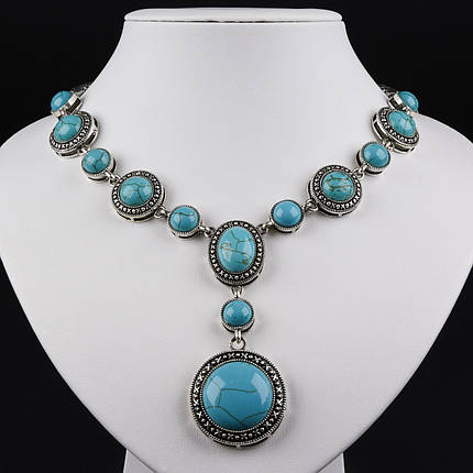 Кольє довге в стилі боххо кулон круглий зі сріблястими візерунками й елементами камінці з бірюзи довжина 65 см, фото 1