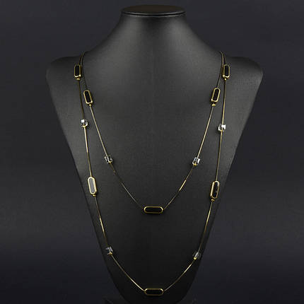 Колье длинное двухслойное на металлической золотисто чёрной цепочке с серыми кристаллами длина 75-85 см, фото 1