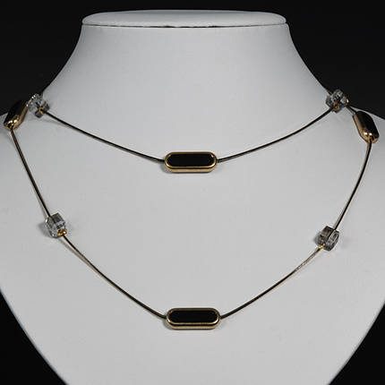 Колье длинное двухслойное на металлической золотисто чёрной цепочке с серыми кристаллами длина 75-85 см, фото 2