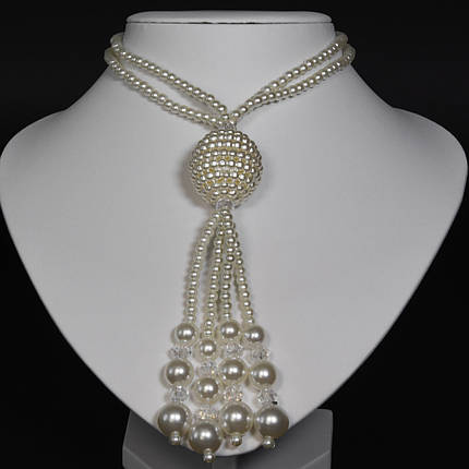 Буси довгі з молочними дрібними та великими намистинами та кристалами, що переливаються без замка діаметр 70 см, фото 2