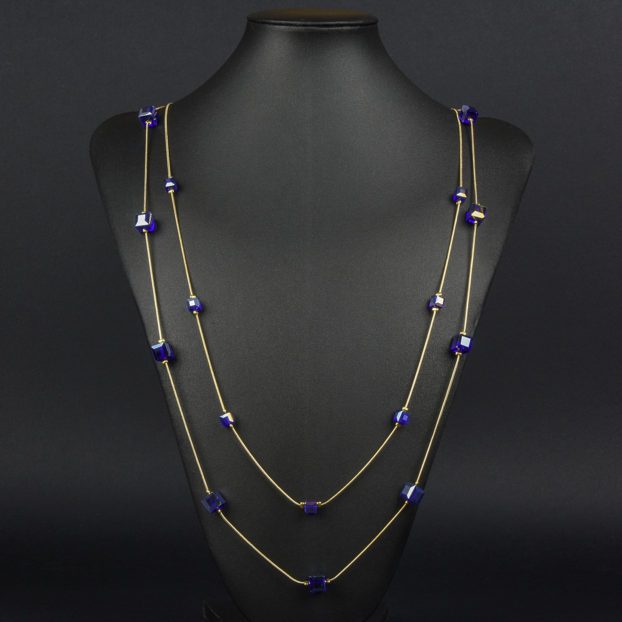 Кольє двошарове на золотистому ланцюжку з кристалами застібка карабін довжина 85-90 см, що переливаються