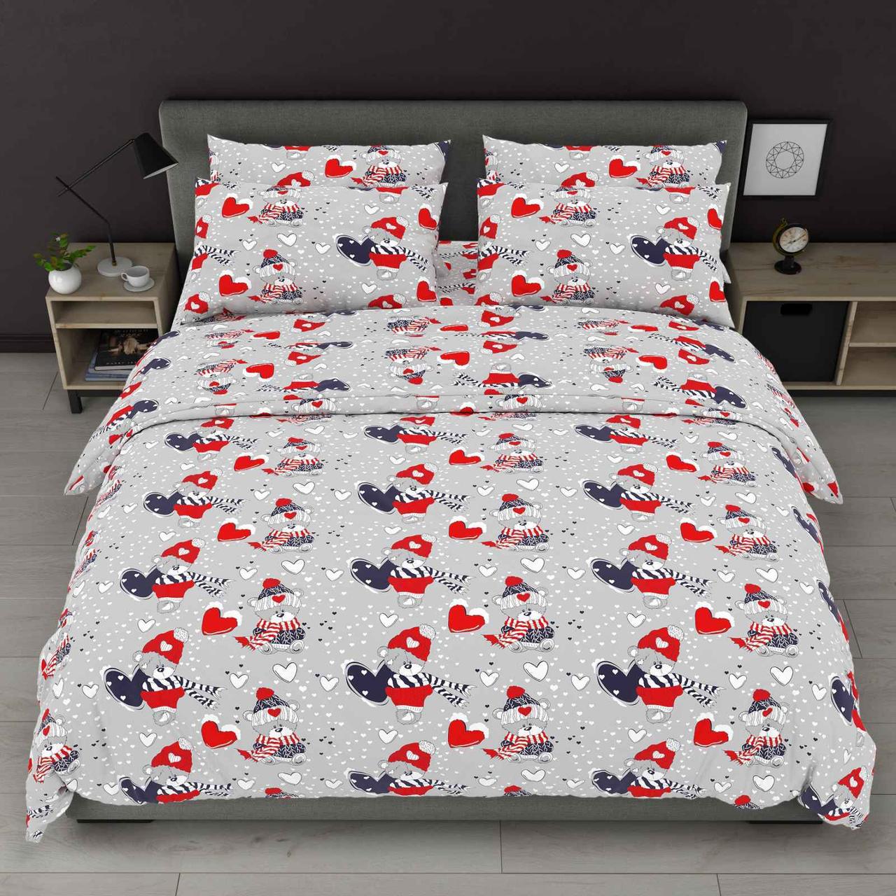 Наволочка на блискавці 70х70 (Бязь) | Від виробника "Королева Ночі" | Новорічні ведмедики, серця на сірому, фото 1