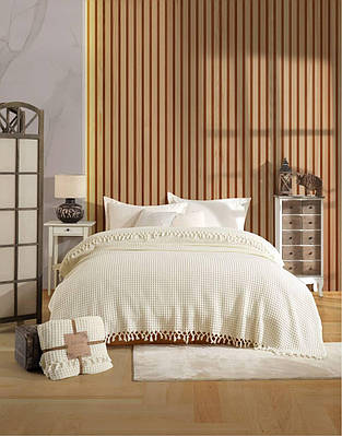 Муслиновий плед покривало з бахромою 200х220см Nil Home Pike Кремовий