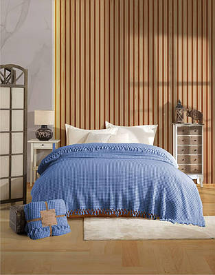 Муслиновий плед покривало з бахромою 200х220см Nil Home Pike джинсовий